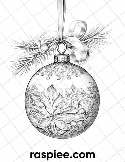 40 Christmas Balls Grayscale Coloring Pages Printable for Adults, PDF File Instant Download