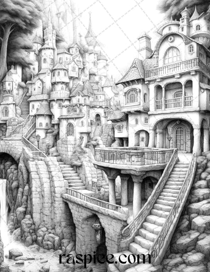 40 Fantasy Village Grayscale Coloring Pages Printable for Adults, PDF File Instant Download