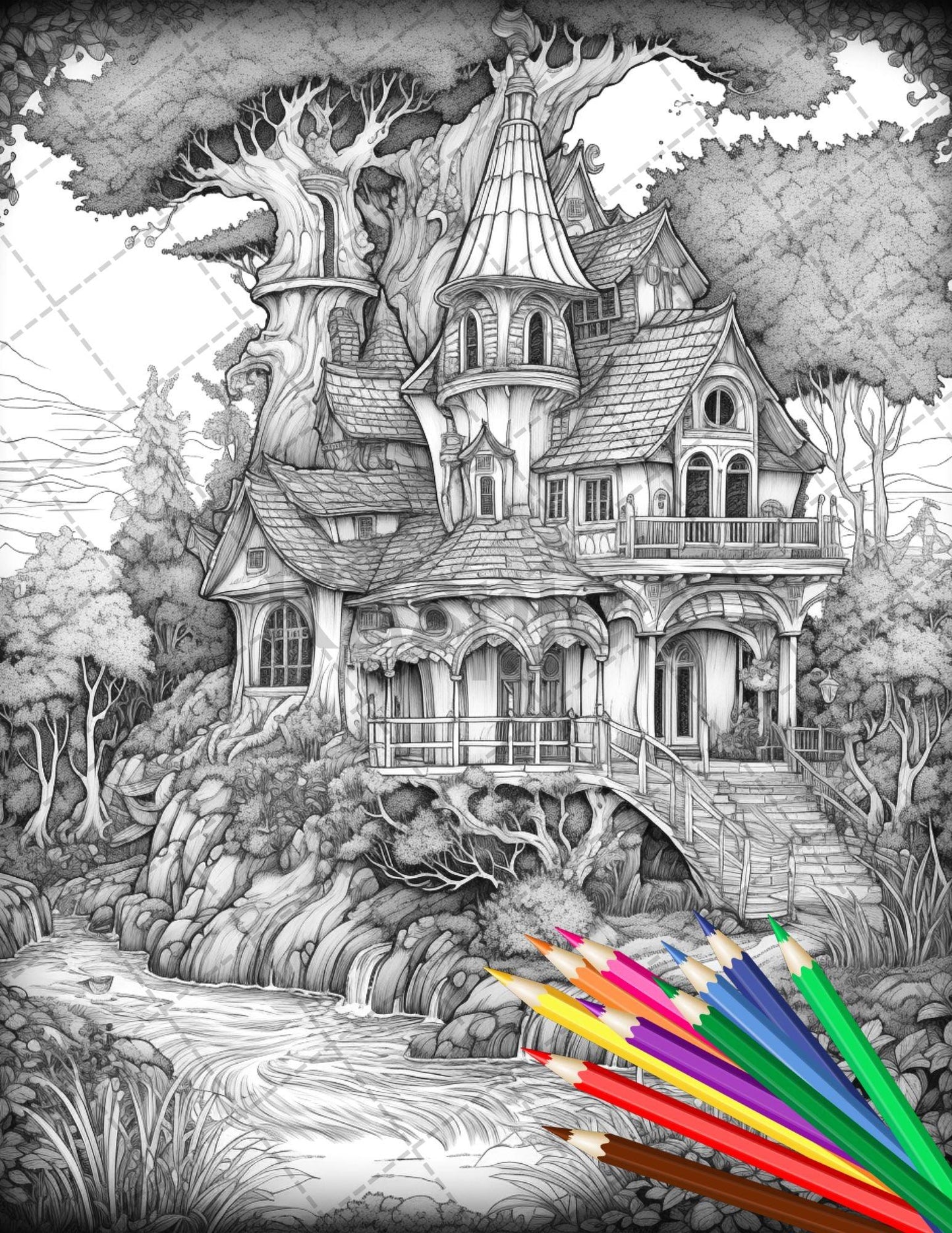 30 Fantasy Fairy Houses Coloring Page Book, Printable Adult Coloring Pages, Enchanted Fairy Home Grayscale Coloring Book, Printable PDF File