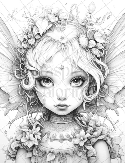 45 Adorable Chibi Fairy Grayscale Coloring Pages Printable for Adults, PDF File Instant Download