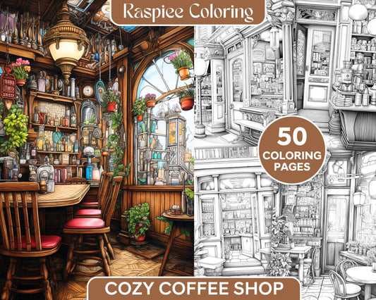 50 Cozy Coffee Shop Grayscale Coloring Pages Printable for Adults, PDF File Instant Download