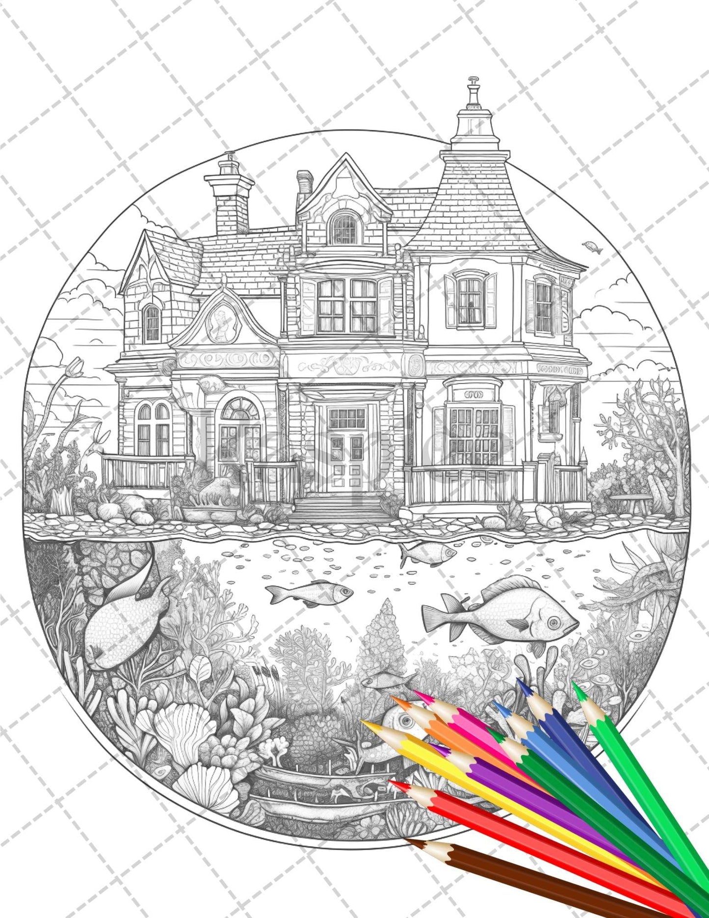 34 Fishtank Houses Coloring Book for Adults, Grayscale Coloring Page, Printable PDF Instant Download