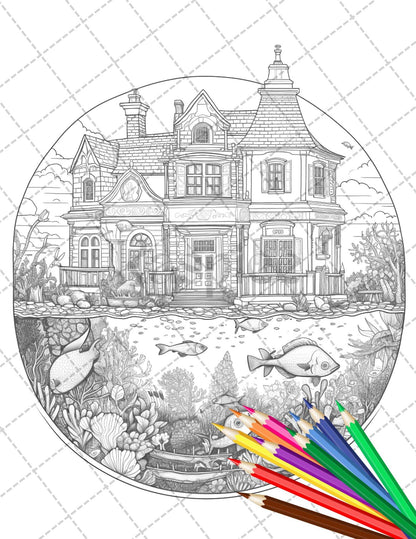 34 Fishtank Houses Coloring Book for Adults, Grayscale Coloring Page, Printable PDF Instant Download