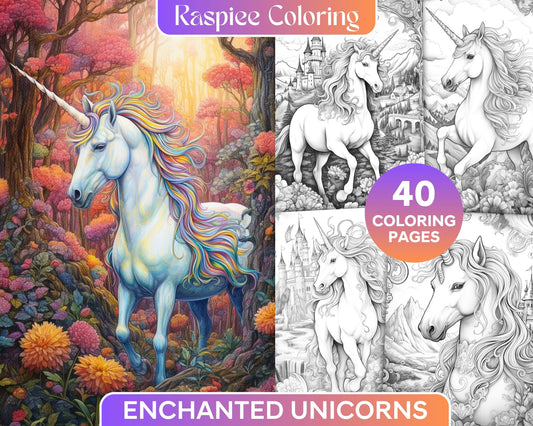 40 Enchanted Unicorns Grayscale Coloring Pages Printable for Adults, PDF File Instant Download