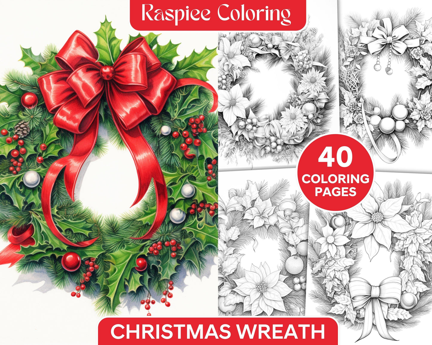 40 Christmas Wreath Grayscale Coloring Pages Printable for Adults, PDF File Instant Download