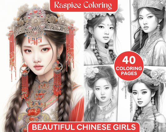 40 Beautiful Chinese Girls Grayscale Coloring Pages for Adults, Printable PDF File Instant Download