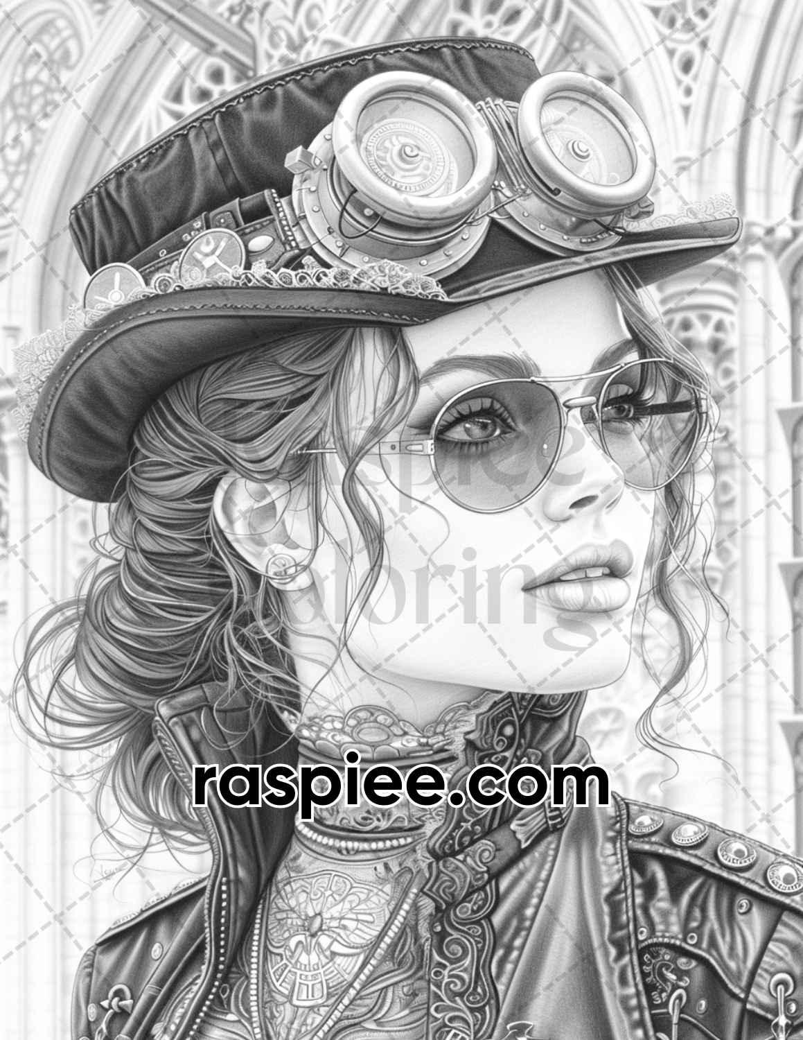 65 Gothic Steampunk Girls Grayscale Adult Coloring Pages, Printable PDF Instant Download