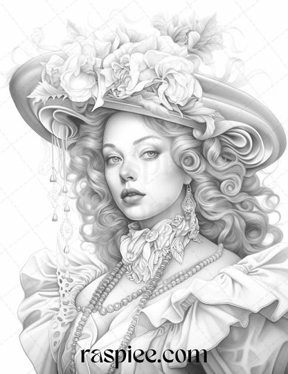 40 Baroque Women Portrait Grayscale Adult Coloring Pages Printable, PDF File Instant Download