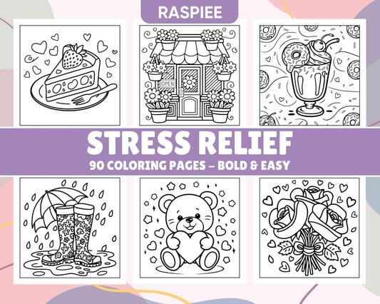 90 Bold and Easy Stress Relief Coloring Pages Printable PDF Instant Download