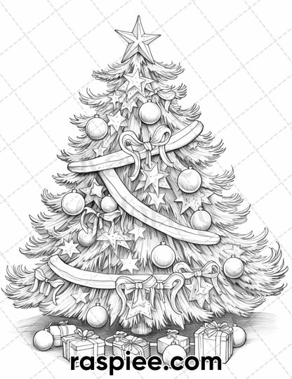 40 Christmas Tree Grayscale Coloring Pages for Adults, Printable PDF Instant Download