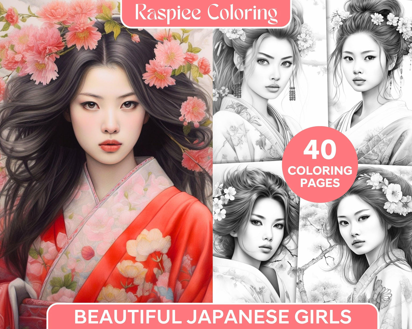 40 Beautiful Japanese Girls Grayscale Coloring Pages Printable for Adults, PDF File Instant Download