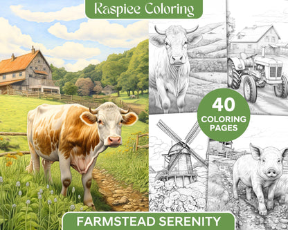 40 Farmstead Serenity Grayscale Coloring Pages Printable for Adults, PDF File Instant Download