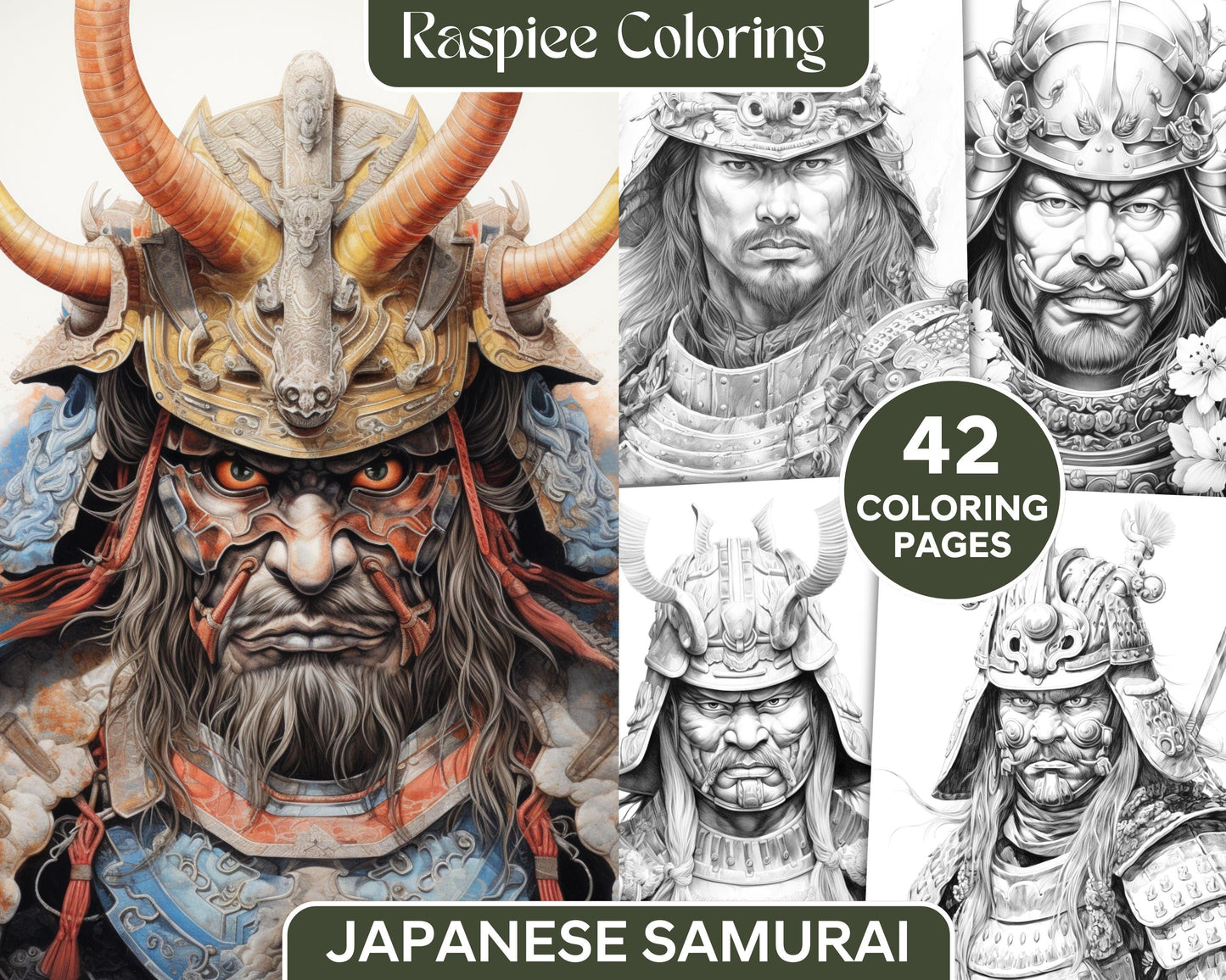 42 Japanese Samurai Grayscale Coloring Pages for Adults, Printable PDF File Instant Download