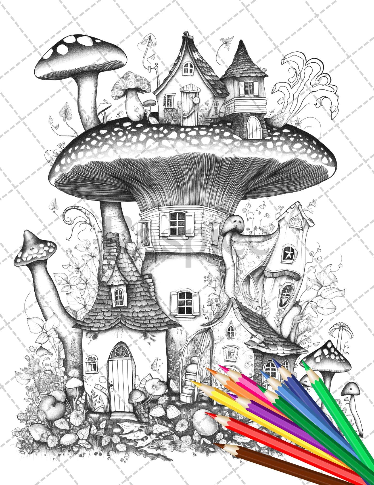 32 Whimsical Mushroom House Coloring Pages for Adults, Grayscale Coloring Book, Printable PDF File Download