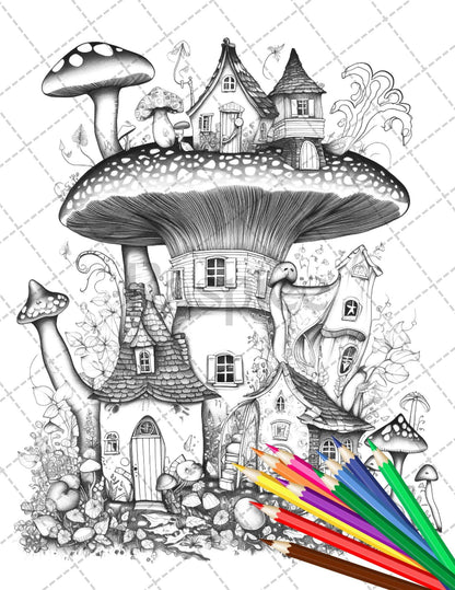 32 Whimsical Mushroom House Coloring Pages for Adults, Grayscale Coloring Book, Printable PDF File Download