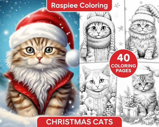 40 Christmas Cats Grayscale Coloring Pages for Adults, Printable PDF Instant Download