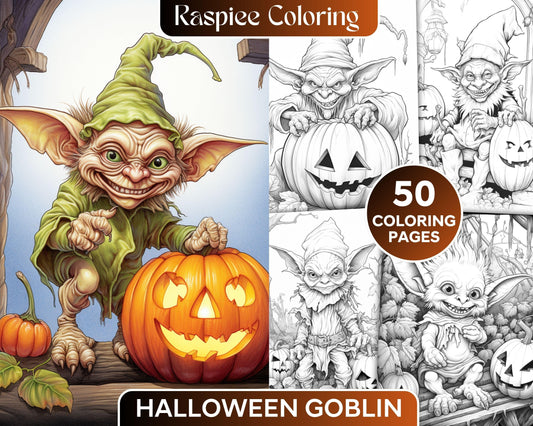 50 Halloween Goblin Grayscale Coloring Pages Printable for Adults, PDF File Instant Download