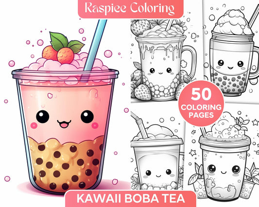 50 Cute Kawaii Boba Tea Grayscale Coloring Pages for Adults and Kids, Printable PDF File Instant Download