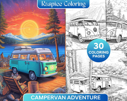 30 Campervan Adventure Grayscale Coloring Pages Printable for Adults, PDF File Instant Download