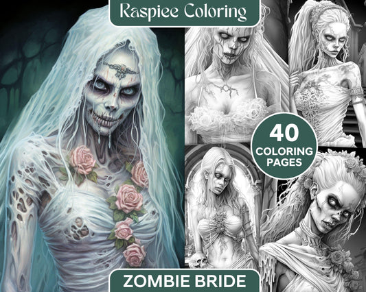 Zombie Bride Grayscale Printable Coloring Pages for Adults, Halloween Coloring Page, Horror Art Therapy, PDF Instant Download