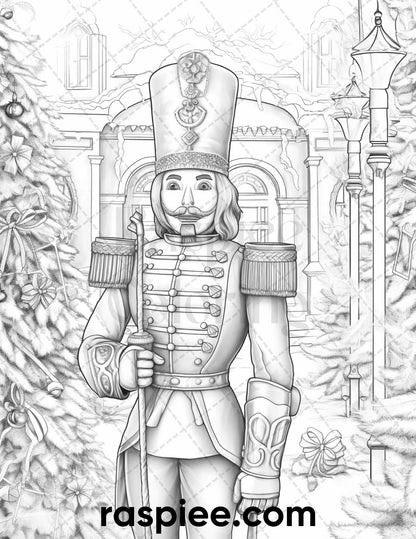 40 Christmas Nutcrackers Grayscale Coloring Pages for Adults, Printable PDF File Instant Download