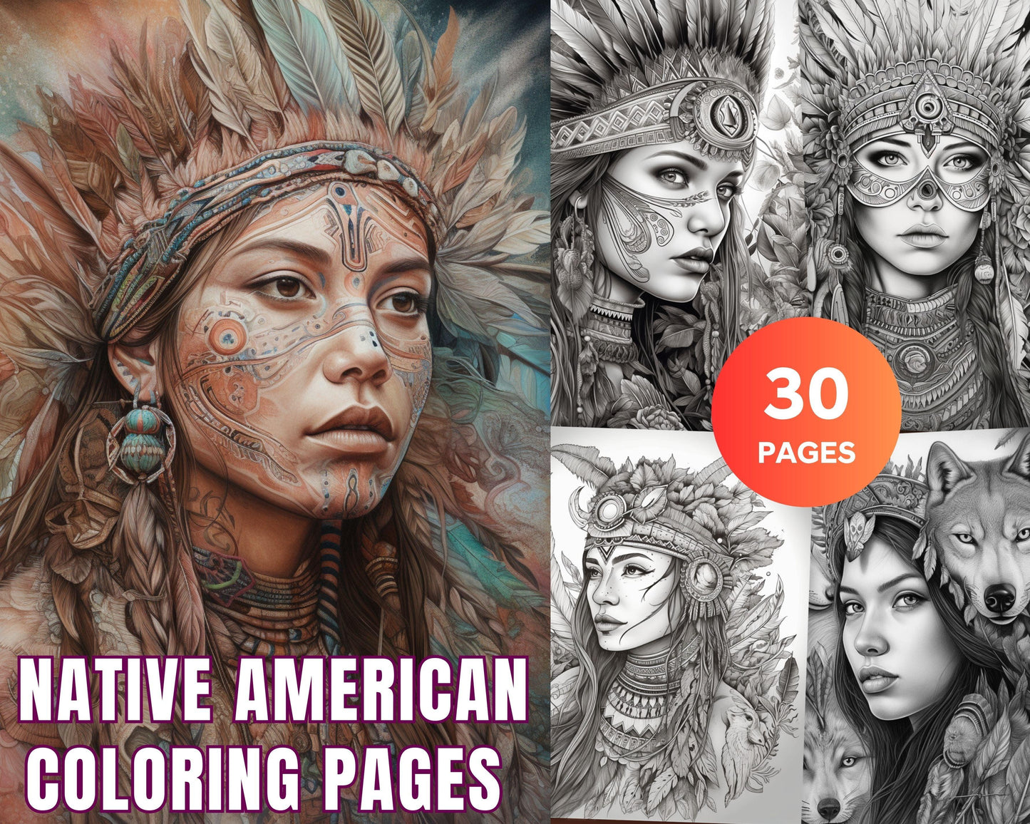 30 Native American Girls Printable Coloring Pages for Adult, Native American Culture Grayscale Coloring Book, Printable PDF File Download