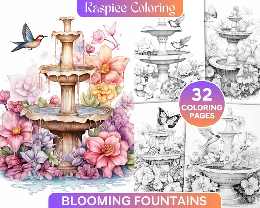 32 Blooming Fountains Grayscale Coloring Pages Printable for Adults, PDF File Instant Download