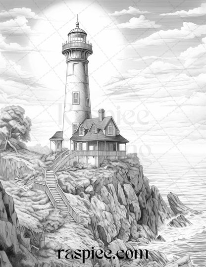 40 Majestic Lighthouses Grayscale Coloring Pages Printable for Adults, PDF File Instant Download