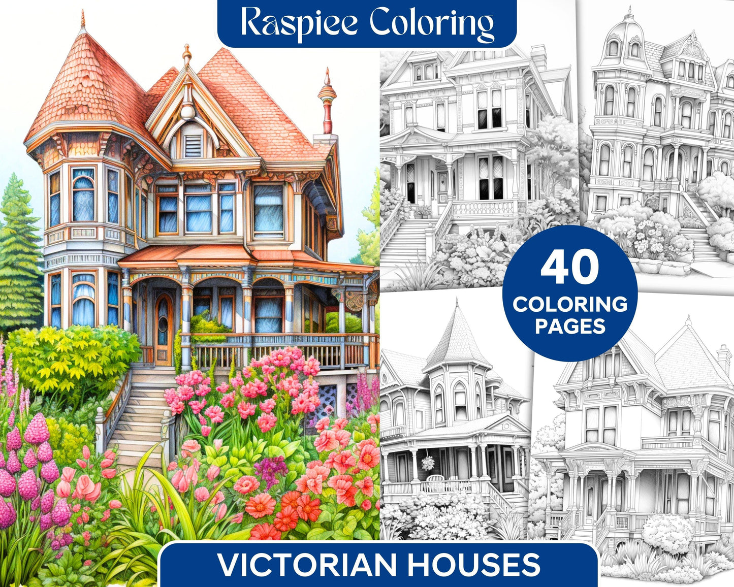 40 Victorian Houses Grayscale Coloring Pages Printable for Adults, PDF File Instant Download