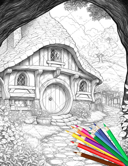 43 Enchanted Hobbiton Houses Grayscale Coloring Pages Printable for Adults, PDF File Instant Download