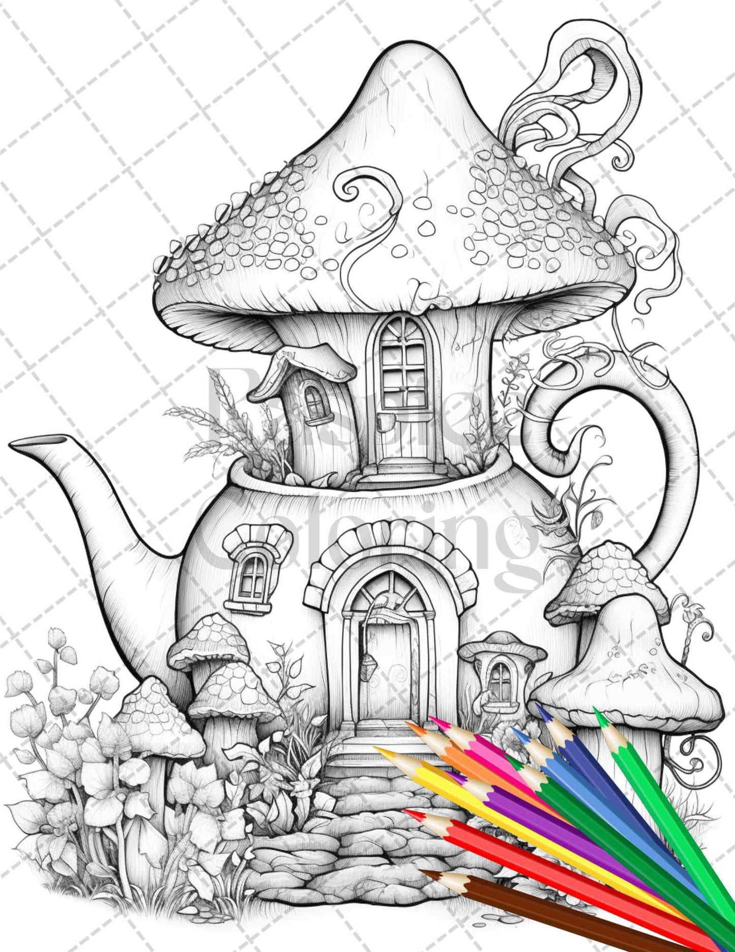 40 Teapot Fairy Houses Grayscale Coloring Pages Printable for Adults, PDF File Instant Download