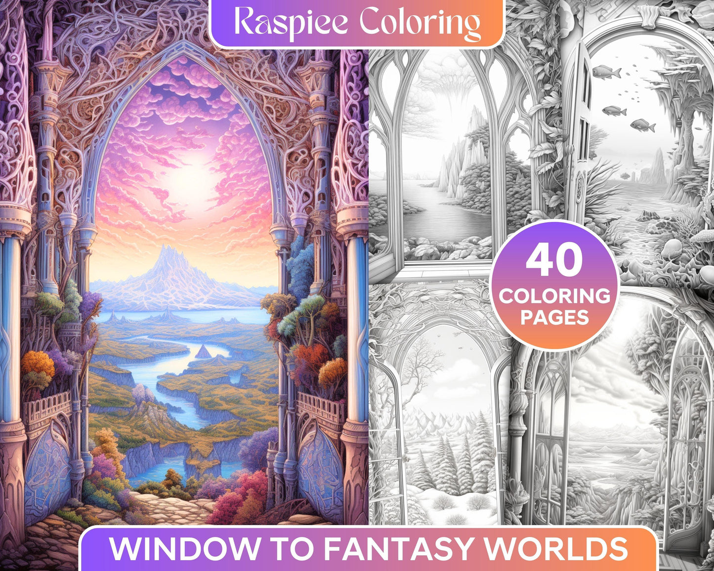 40 Window to Fantasy Worlds Grayscale Coloring Pages Printable for Adults, PDF File Instant Download