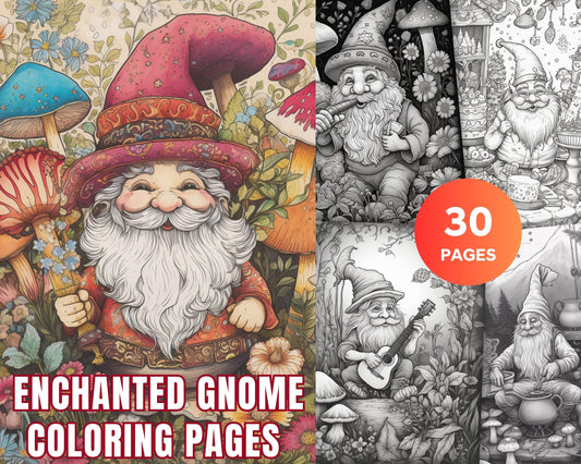 30 Enchanted Gnome Coloring Pages Printable for Adults, Grayscale Coloring Book, Gnome Coloring Sheets for for Relaxation and Stress Relief