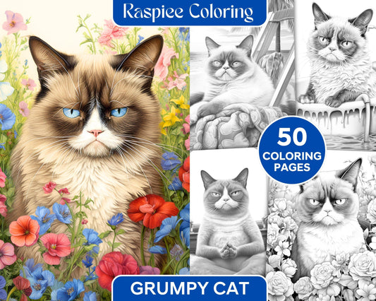 50 Grumpy Cat Grayscale Coloring Pages Printable for Adults, PDF File Instant Download