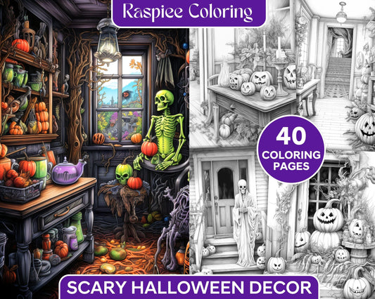 Spooky Halloween Home Decor: 40 Printable Grayscale Coloring Pages for Adults, PDF File Instant Download