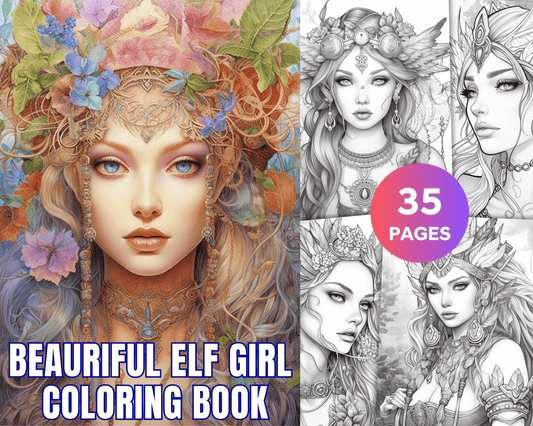 35 Beautiful Printable Elf Girls Coloring Book for Adults, Grayscale Coloring Page, PDF File Instant Download