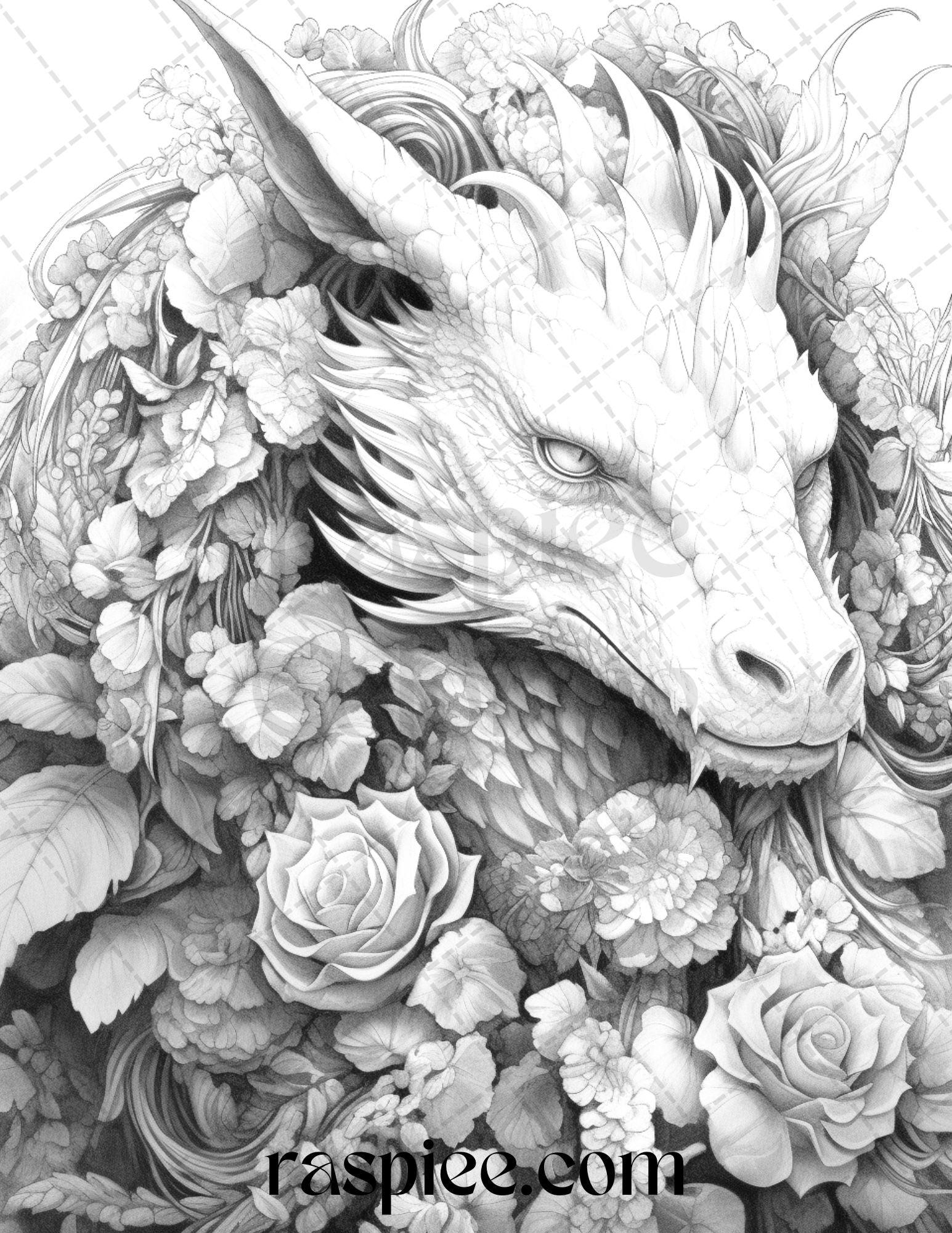 40 Flower Dragon Grayscale Coloring Pages Printable for Adults, PDF File Instant Download