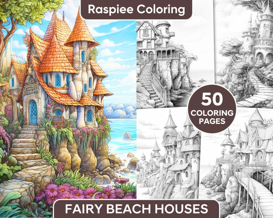 50 Fairy Beach Houses Grayscale Coloring Pages for Adults, Printable PDF Instant Download