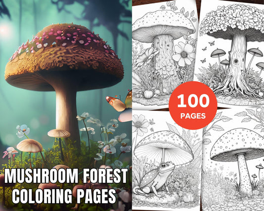 100 Mushroom Forest Coloring Pages Printable for Adults and Kids, Grayscale Coloring Book, Printable PDF File Instant Download