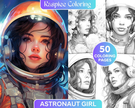 50 Astronaut Girl Portrait Grayscale Coloring Pages Printable for Adults, PDF File Instant Download