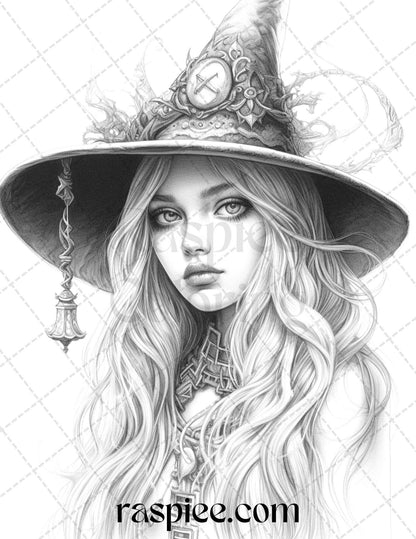 40 Beautiful Witches Grayscale Coloring Pages Printable for Adults, PDF File Instant Download