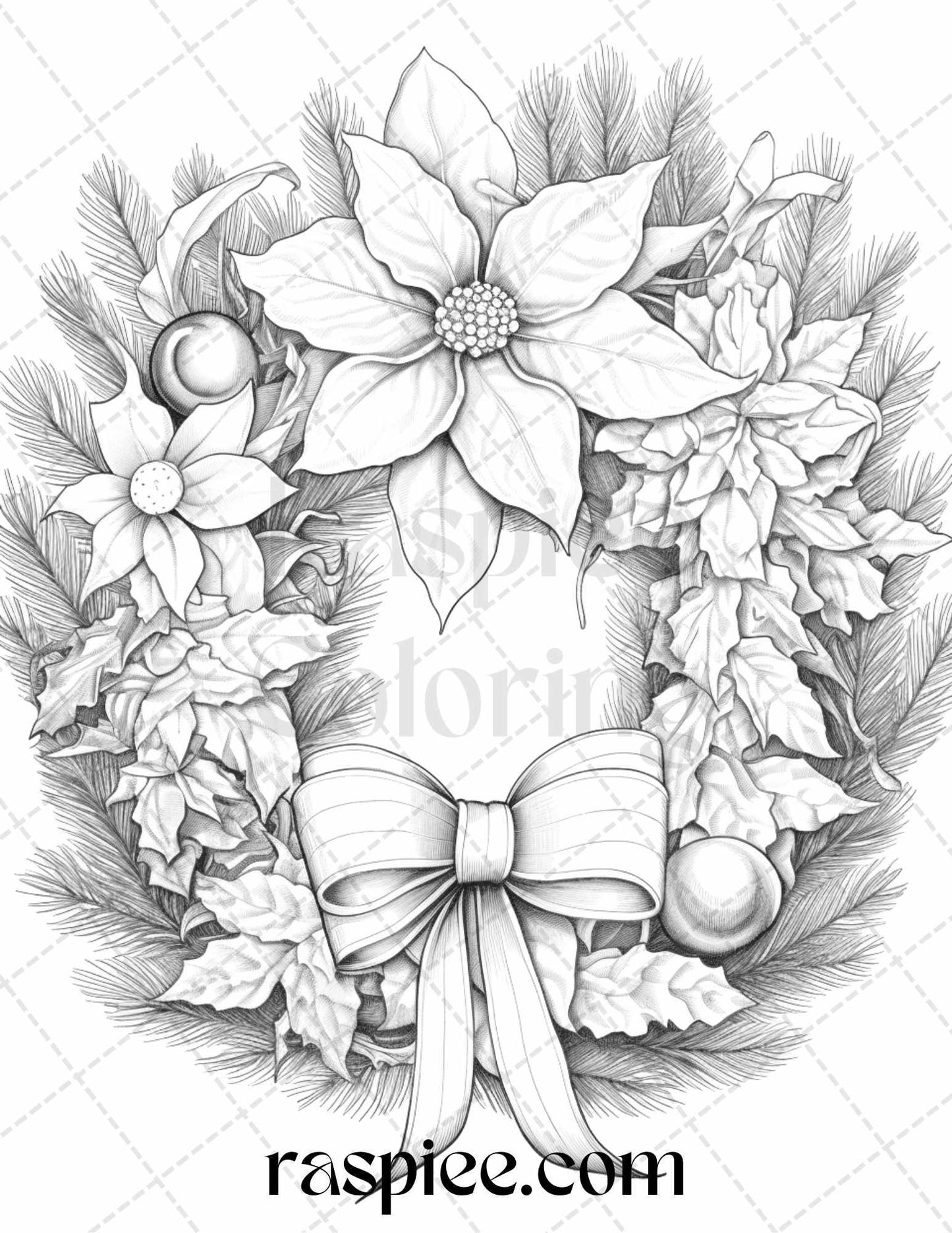 40 Christmas Wreath Grayscale Coloring Pages Printable for Adults, PDF File Instant Download