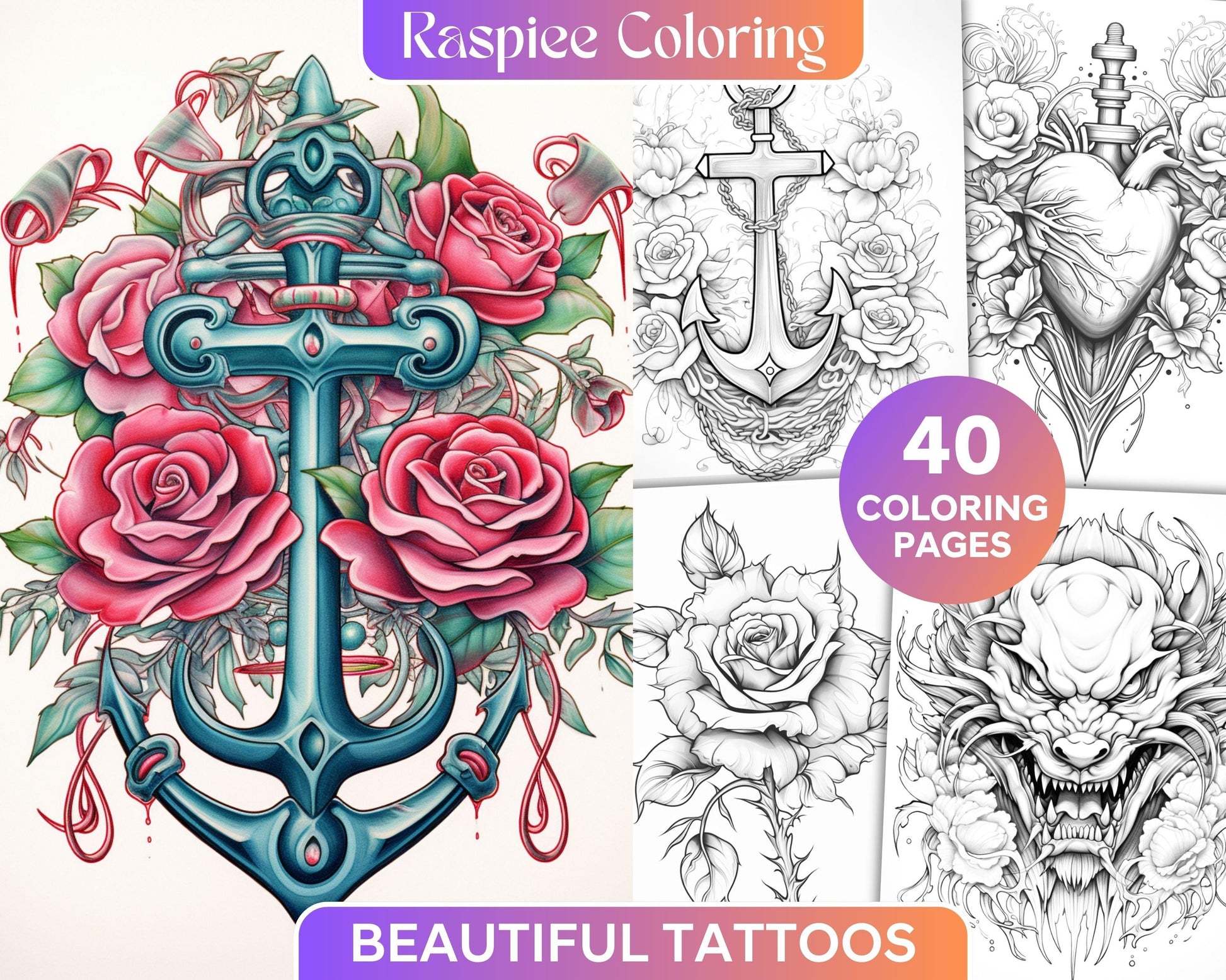 40 Beautiful Tattoos Grayscale Coloring Pages Printable for Adults, PDF File Instant Download