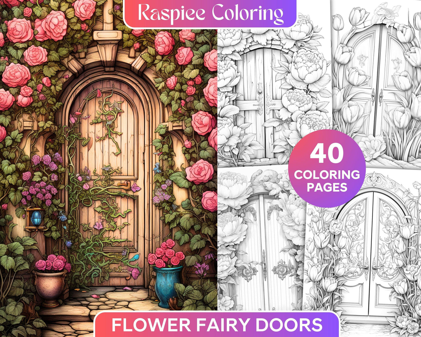 40 Flower Fairy Doors Grayscale Coloring Pages Printable for Adults, PDF File Instant Download