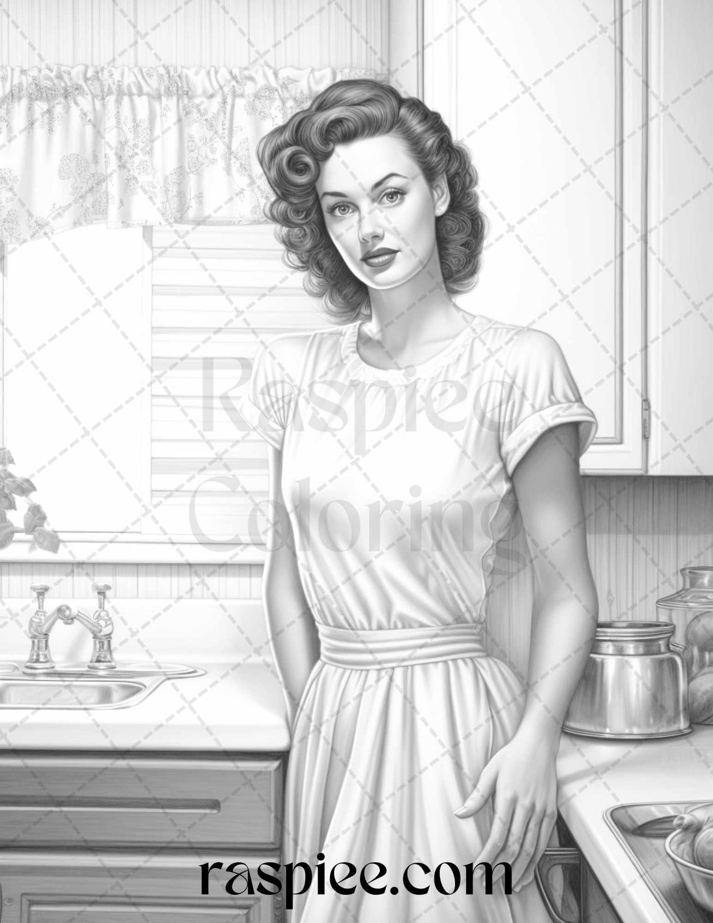 40 Retro Housewives Grayscale Coloring Pages for Adults, Printable PDF File Instant Download