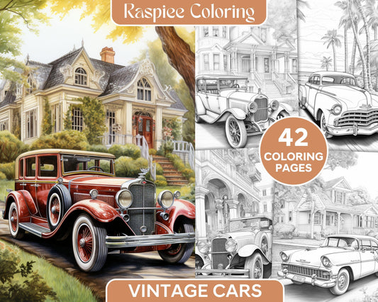 42 Vintage Cars Grayscale Coloring Pages Printable for Adults, PDF File Instant Download