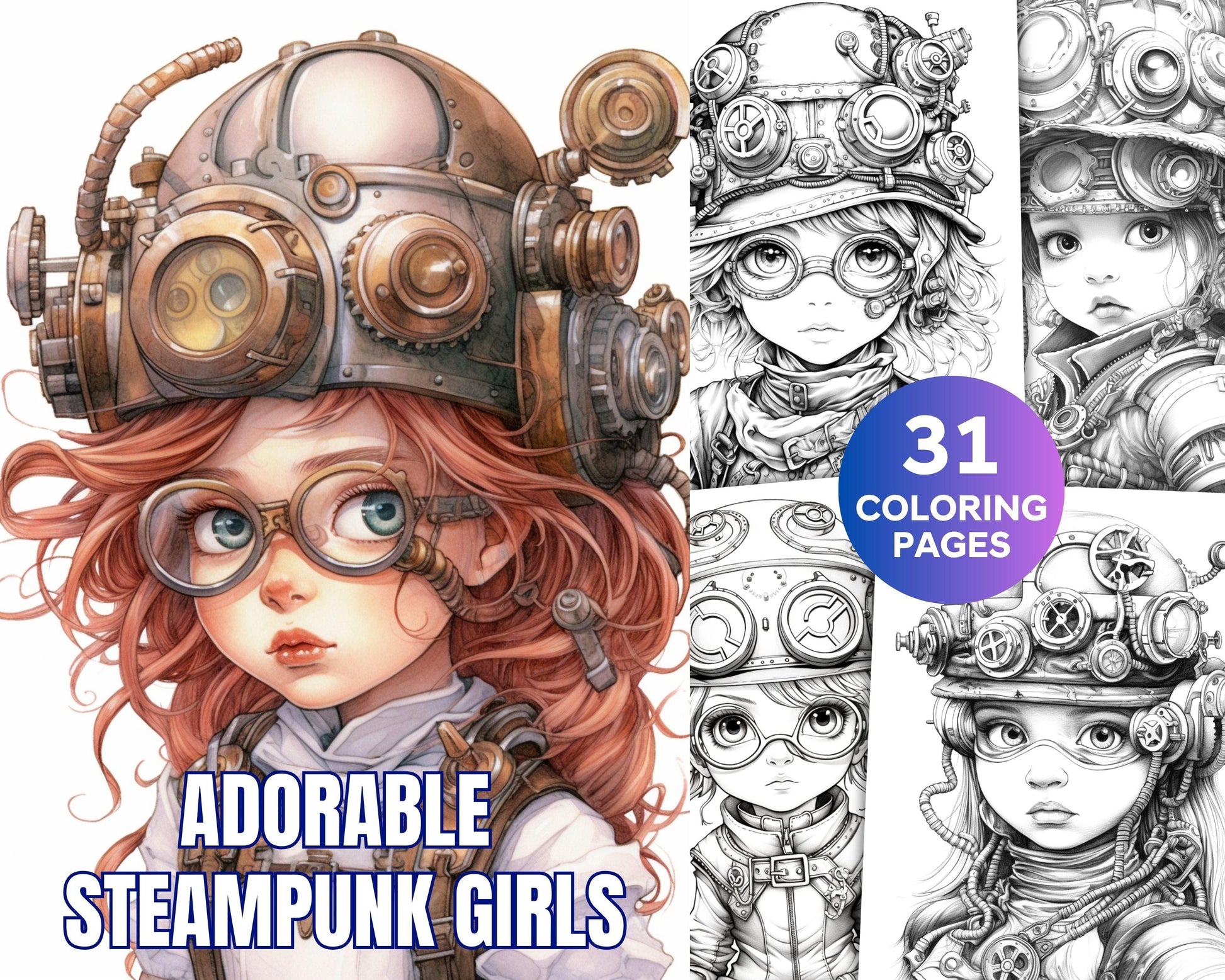 31 Adorable Steampunk Girls Coloring Pages Printable for Adults, Grayscale Coloring Page, PDF File Instant Download