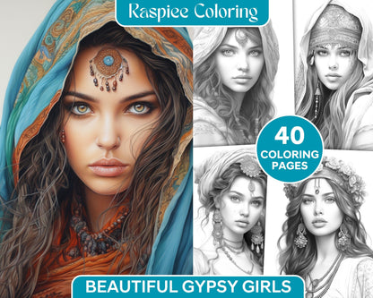 40 Beautiful Gypsy Girls Grayscale Coloring Pages Printable for Adults, PDF File Instant Download