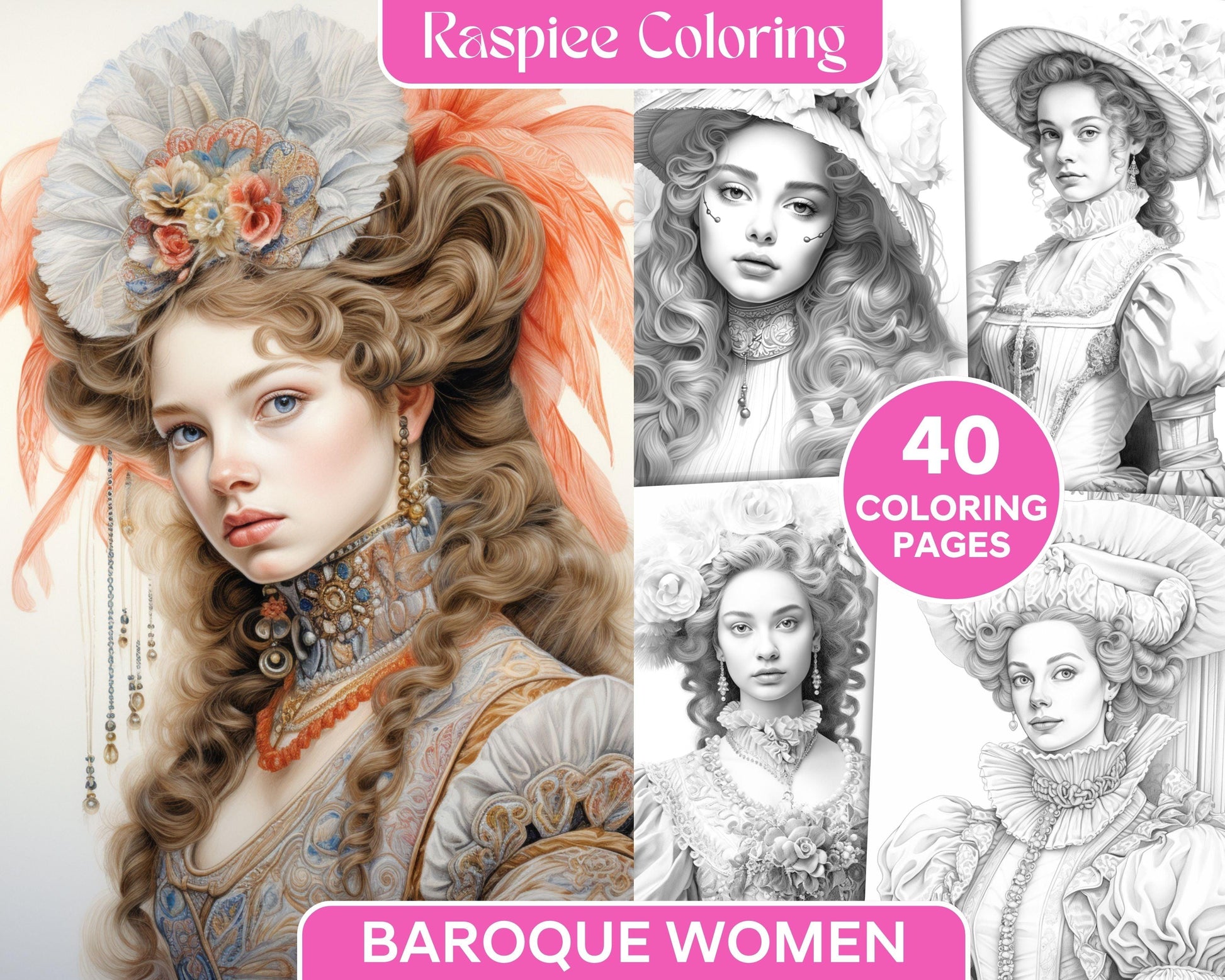 40 Baroque Women Portrait Grayscale Adult Coloring Pages Printable, PDF File Instant Download