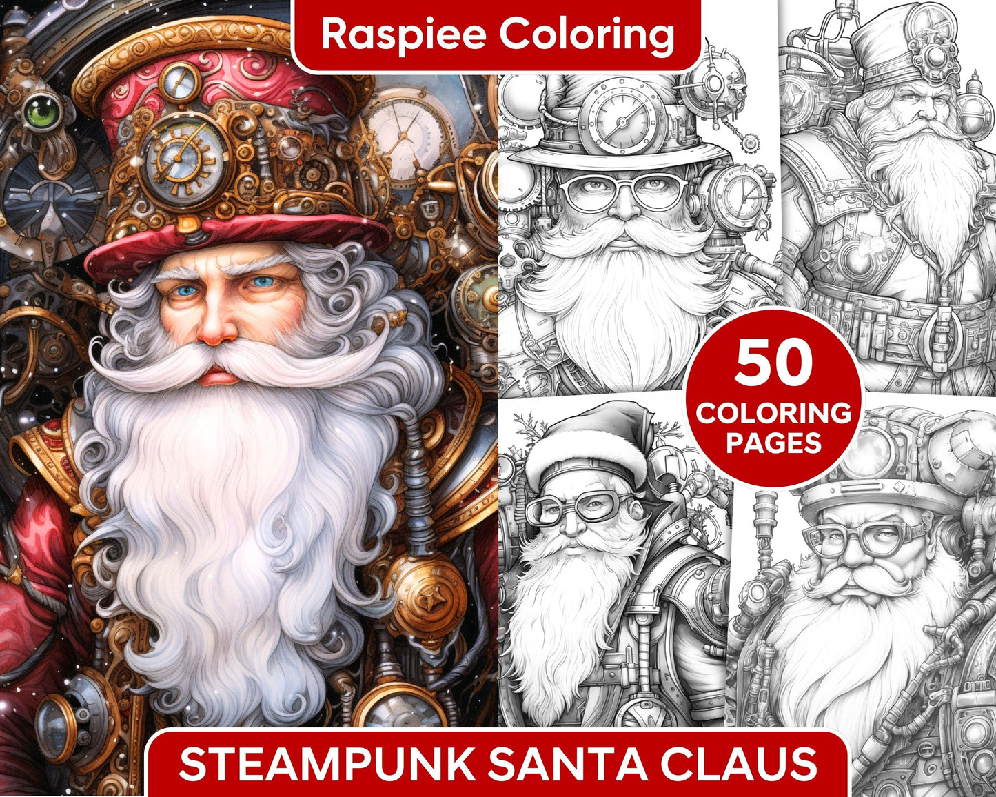 50 Steampunk Santa Claus Grayscale Coloring Pages for Adults, Printable PDF Instant Download